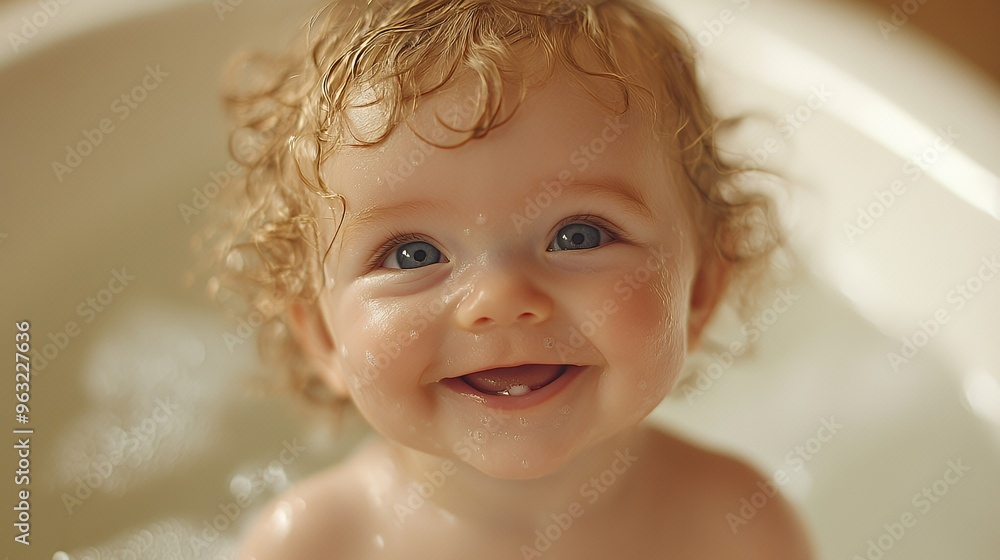 Close up portrait of a smiling baby in a bathtub with water droplets on his skin and curly blonde hair. Close up portrait of a smiling baby in a bathtub with water droplets on his skin and curly blonde hair.