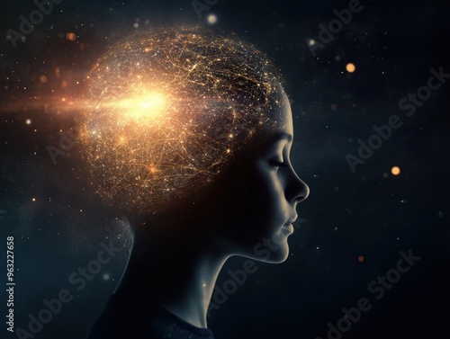 Futuristic Concept of Human Mind with Digital Network and Glowing Light in Dark Background