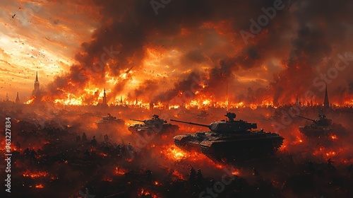 Several tanks drive through a city engulfed in flames, with a fiery sky above.