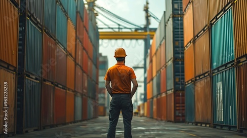 Foreman or worker work at Container cargo site check up goods in container Foreman or worker checking on shipping containers Logistics and shipping : Generative AI