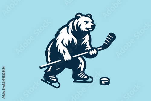 Grizzly bear hockey player. Simple vector illustration. Logo, emblem, print