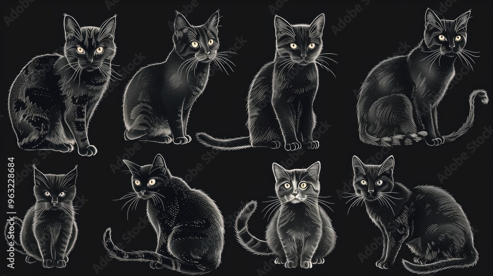 Fototapeta premium Seamless Pattern of Black Cats on Dark Background