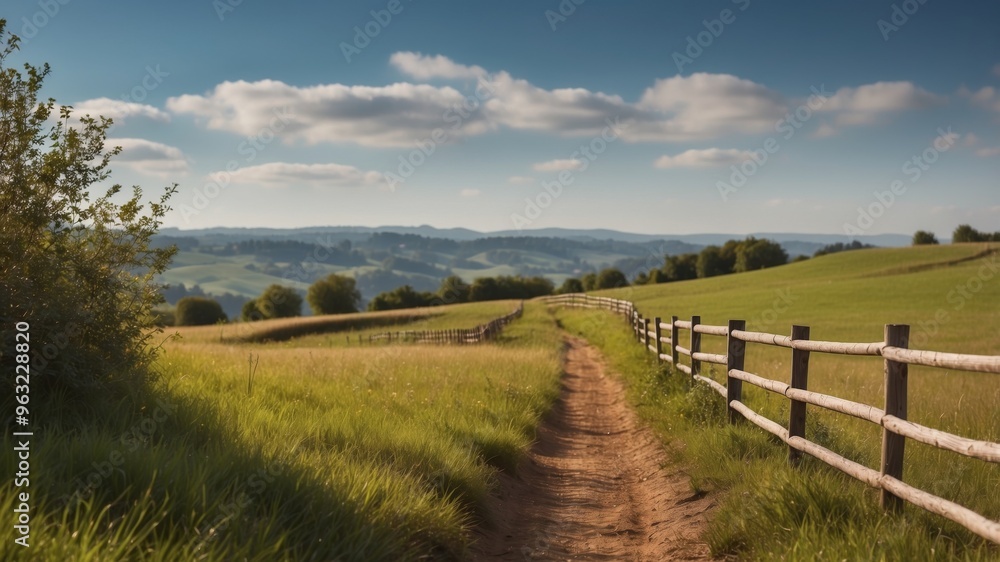 Rolling green hills and meadows with a wooden fence under a clear sky. Rolling green hills and meadows with a wooden fence under a clear sky.