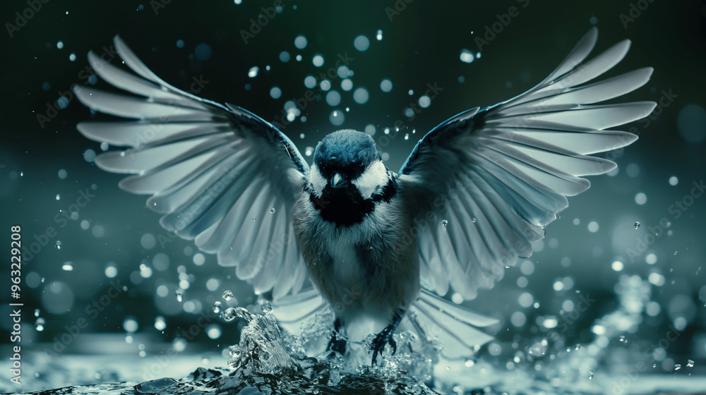 Obraz premium Bird with outstretched wings splashing in water during flight