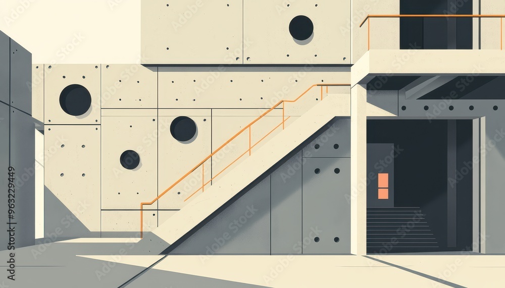 Modern concrete building with stairs and circular windows. Minimalist design with a bright, open space. Modern concrete building with stairs and circular windows. Minimalist design with a bright, open space.