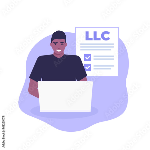 LLC, Limited Liability Company registration vector illustration with happy man