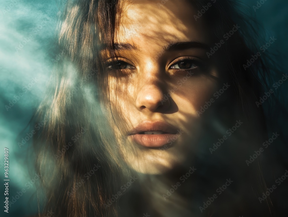 Enigmatic Portrait of a Young Woman with Dramatic Lighting and Shadows Enigmatic Portrait of a Young Woman with Dramatic Lighting and Shadows