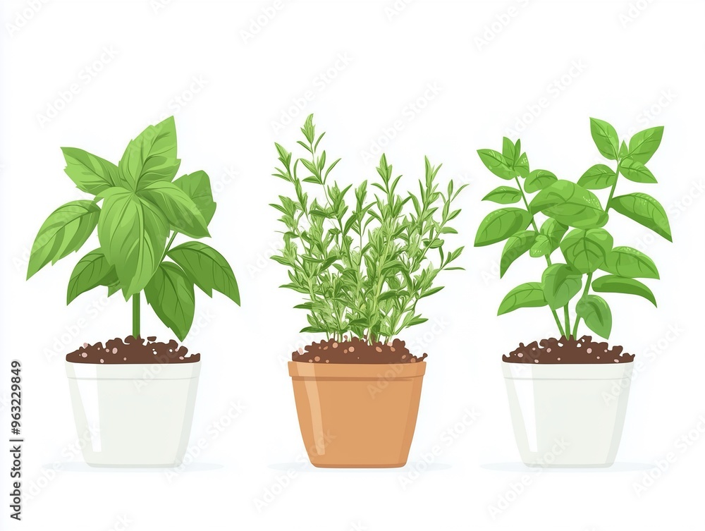 Fototapeta premium Potted Herb Plants: Basil, Rosemary, Oregano