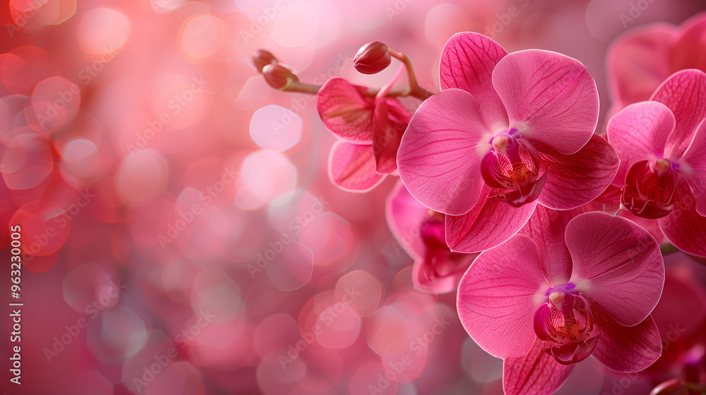 Beautiful pink orchids in bloom with soft bokeh background. Banner with empty copy space Beautiful pink orchids in bloom with soft bokeh background. Banner with empty copy space