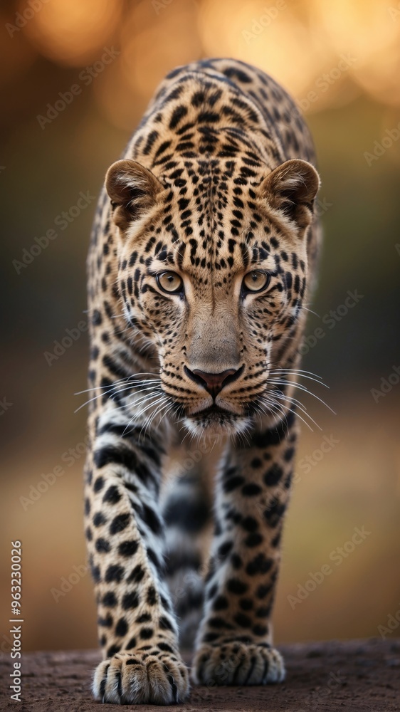 Fototapeta premium Large Leopard Standing on Sky Background.
