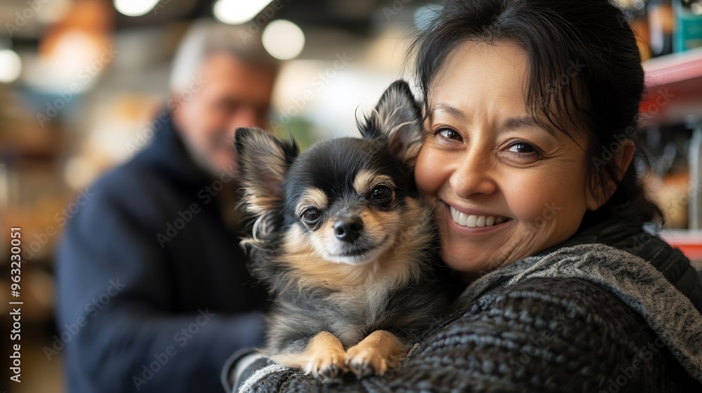Asian woman holding her little dog in hands while choosing new accessories in salesroom of pet shop Elderly man making purchases in background : Generative AI Asian woman holding her little dog in hands while choosing new accessories in salesroom of pet shop Elderly man making purchases in background : Generative AI