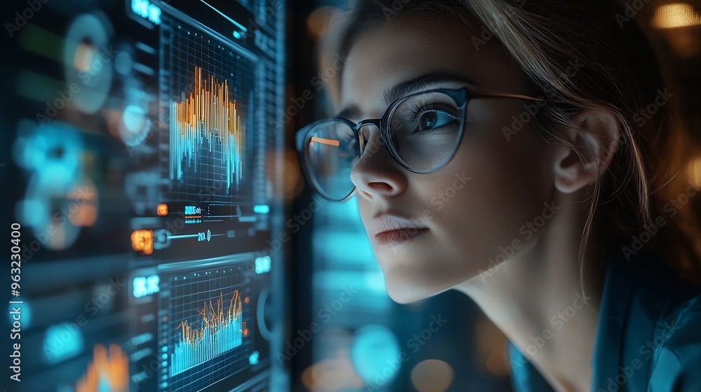 Analyst woman working with information database to analyze marketing and sales data Business analytics dashboard with charts metrics and KPIs concept : Generative AI Analyst woman working with information database to analyze marketing and sales data Business analytics dashboard with charts metrics and KPIs concept : Generative AI