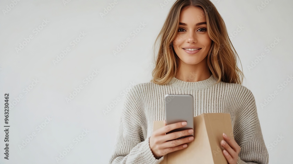 Online shopping Happy woman with paper bags looking out from smartphone on white background : Generative AI Online shopping Happy woman with paper bags looking out from smartphone on white background : Generative AI