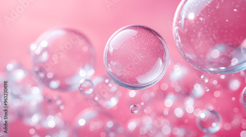 Pink translucent bubbles floating with soft light and bokeh effect