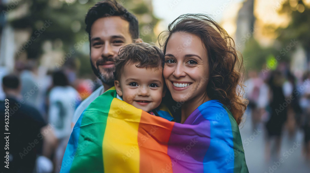 Family happily waves a rainbow flag at a pride parade, spreading love and unity in a lively urban celebration of happiness, solidarity, and community Family happily waves a rainbow flag at a pride parade, spreading love and unity in a lively urban celebration of happiness, solidarity, and community