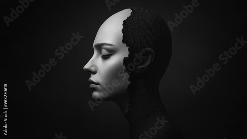 Artistic Black and White Portrait of a Woman with Unique Face Paint in a Dark Studio Setting