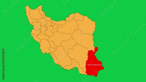 Sistan and Baluchestan map animated video. Sistan and Baluchestan Map Highlighted on the Iran map with animation and colour with Green screen background in video format.	 photo