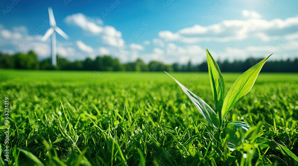 Obraz premium A close-up of vibrant green grass with fresh shoots, set against a backdrop of a wind turbine and a bright blue sky.