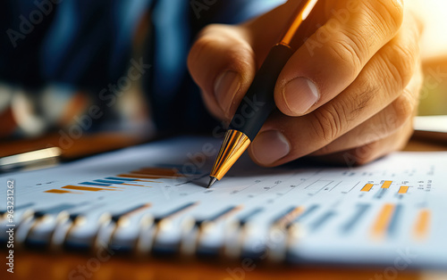 Wallpaper Mural A close-up view of a hand writing on a notepad with financial graphs, showcasing productivity and business analysis. Torontodigital.ca