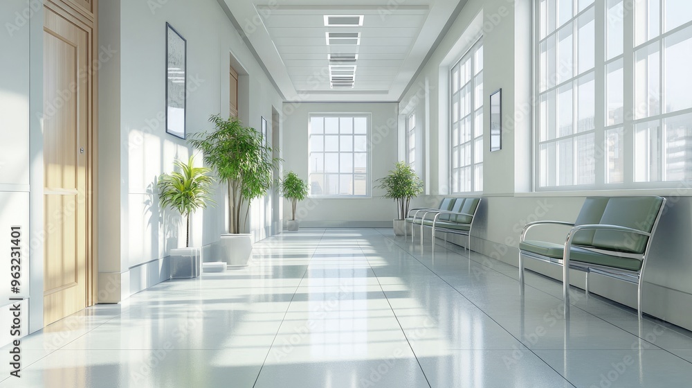 Fototapeta premium Bright hospital corridor with a cozy, modern waiting area, offering a sense of comfort and peace to visitors.