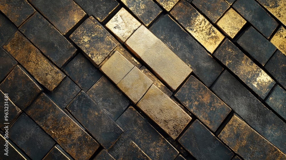 Elegant blend of gold and black textured tiles, creating a modern and luxurious background for design projects. Elegant blend of gold and black textured tiles, creating a modern and luxurious background for design projects.