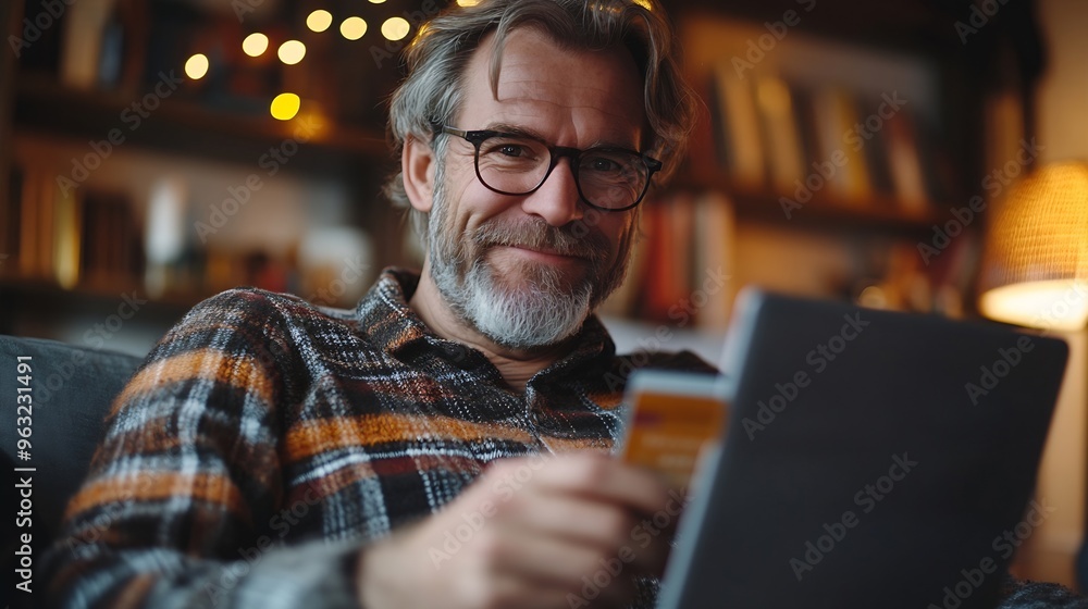 One man adult mature caucasian male sit at home happy smile with laptop computer hold bank credit card online shopping buy on internet concept real people copy space ecommerce ebanking : Generative AI One man adult mature caucasian male sit at home happy smile with laptop computer hold bank credit card online shopping buy on internet concept real people copy space ecommerce ebanking : Generative AI