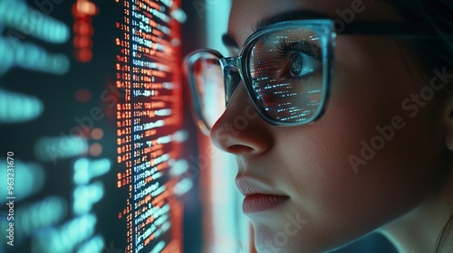 Software data hologram and woman with code analytics information technology and gdpr overlay Programmer coding or IT person in glasses reading html script programming and cyber securit : Generative AI photo