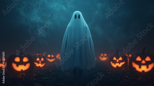 Eerie ghost figure among glowing pumpkins in a misty Halloween setting, perfect for spooky themes and autumn celebrations. photo