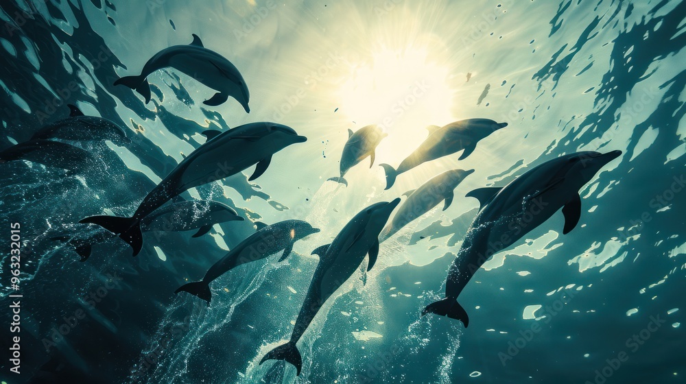 A captivating underwater scene, with a school of dolphins playfully leaping and frolicking in the ocean, their silhouettes dancing against the sunlit surface. A captivating underwater scene, with a school of dolphins playfully leaping and frolicking in the ocean, their silhouettes dancing against the sunlit surface.