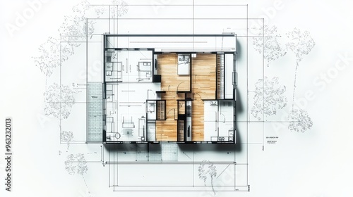 Top view of a 3D model house plan on a white background with blueprint sketches.