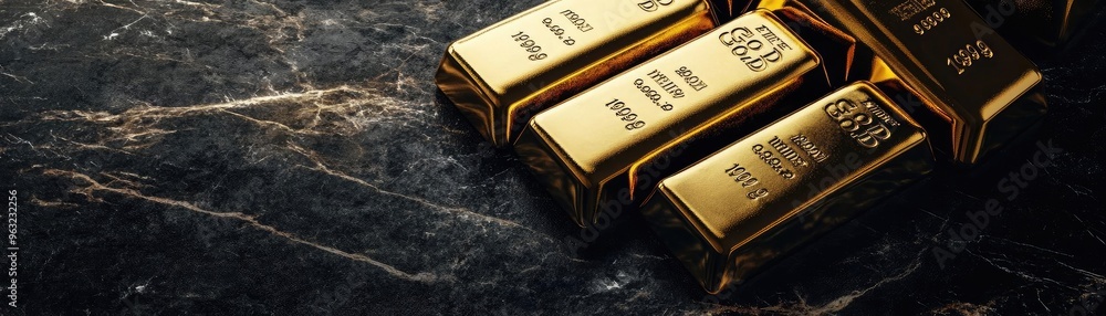 Luxurious gold bars arranged on a dark marble surface, symbolizing wealth and prosperity in a captivating composition. Luxurious gold bars arranged on a dark marble surface, symbolizing wealth and prosperity in a captivating composition.