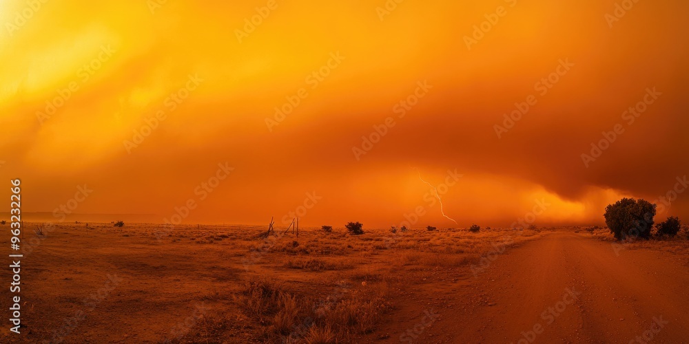 Dust storm under a vivid orange sky, accompanied by a rainbow and a lightning strike hitting the ground. Dust storm under a vivid orange sky, accompanied by a rainbow and a lightning strike hitting the ground.