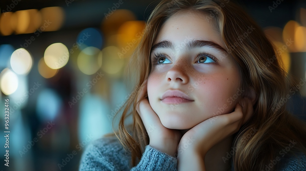 Pensive teenage thirteen year old girl thinking about a new idea or her dream wish while looking thoughtful : Generative AI Pensive teenage thirteen year old girl thinking about a new idea or her dream wish while looking thoughtful : Generative AI