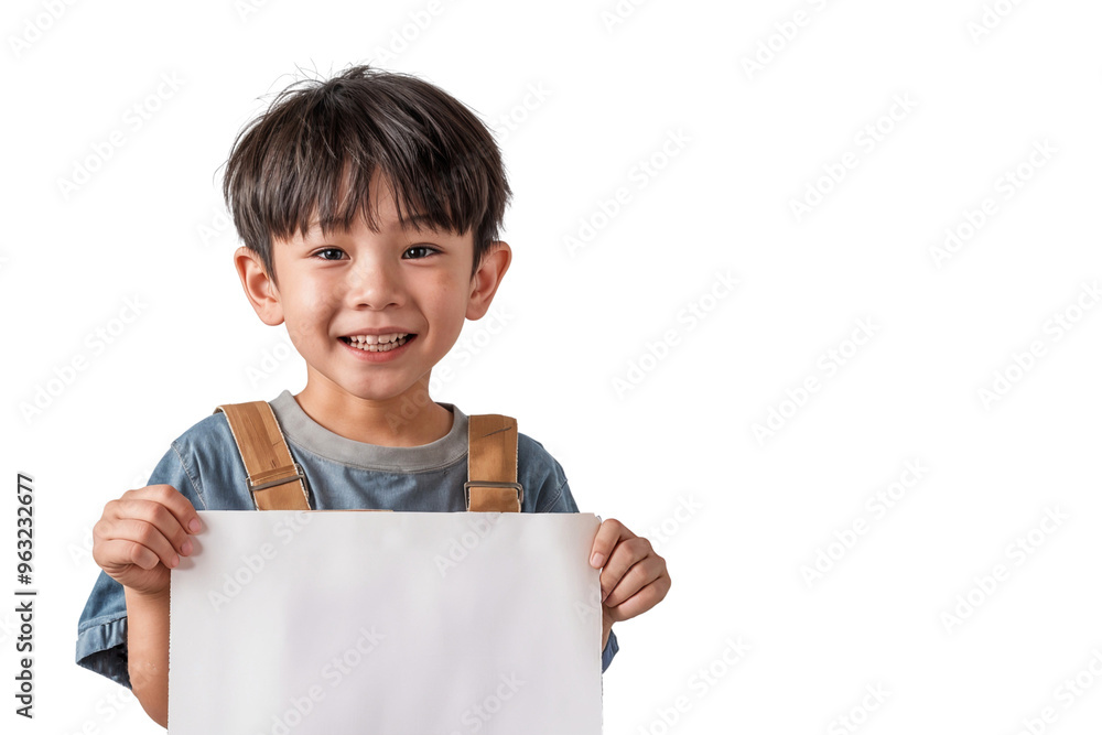 Portrait of a smiling child holding a blank white paper or placard, isolated on transparent background Portrait of a smiling child holding a blank white paper or placard, isolated on transparent background