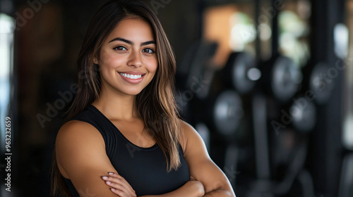 Beautiful hispanic fitness trainer is smiling with her arms crossed in a modern gym