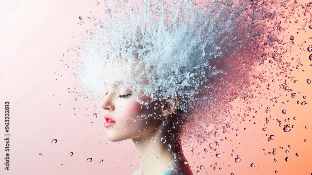 Stunning Conceptual Portrait of a Woman with Water Splashing Over Her Head Against a Gradient Background Stunning Conceptual Portrait of a Woman with Water Splashing Over Her Head Against a Gradient Background