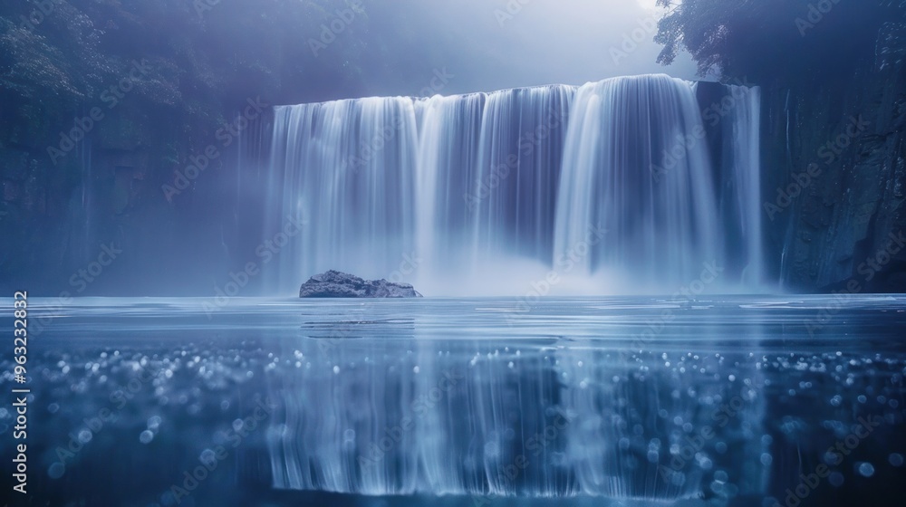A cascading waterfall's misty veil captured in perfect detail, its reflection shimmering like diamonds A cascading waterfall's misty veil captured in perfect detail, its reflection shimmering like diamonds