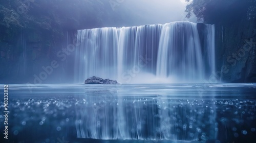 A cascading waterfall's misty veil captured in perfect detail, its reflection shimmering like diamonds