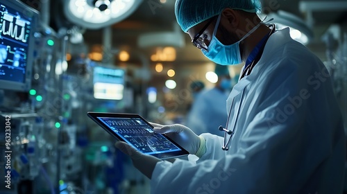 Doctor Utilizing Advanced Digital Tablet Technology in Modern Healthcare Medical Professional in Operating Room Analyzing RealTime Patient Data CuttingEdge Medical Innovations and solu : Generative AI photo