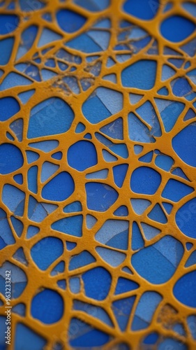 An close up of a blue tile with a design on it. photo