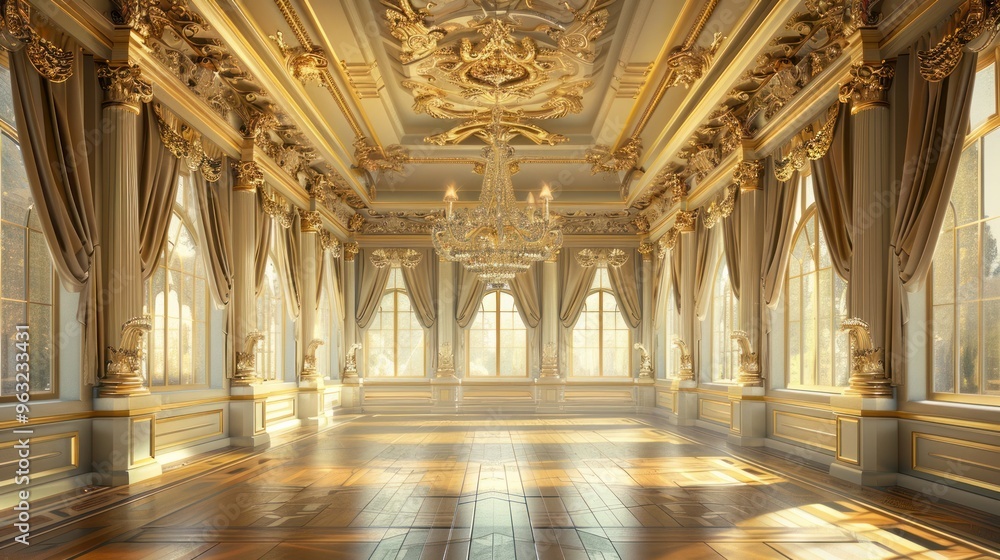 A classic painting of a grand ballroom with gleaming gold walls adorned with ornate moldings and intricate carvings. A classic painting of a grand ballroom with gleaming gold walls adorned with ornate moldings and intricate carvings.