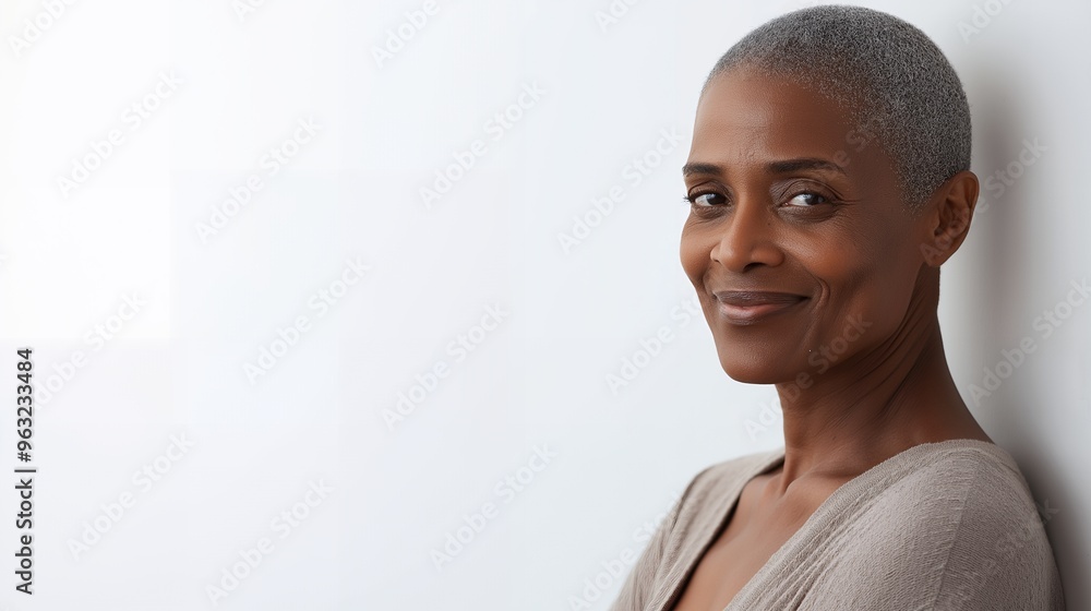 Smiling woman with short gray hair, wearing a brown sweater, looks to the side against a white background. Smiling woman with short gray hair, wearing a brown sweater, looks to the side against a white background.
