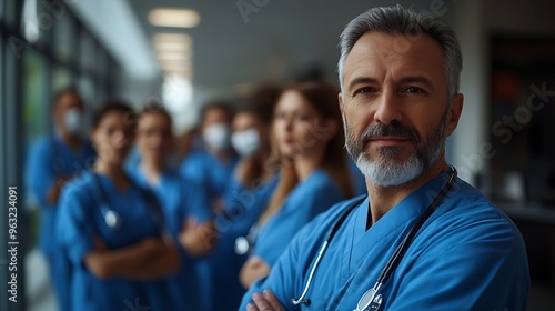 Portrait of a man doctor standing with a team of other doctors and nurses in the hospital Group portrait highlights the clinic medical staff showcasing teamwork and dedication to healt : Generative AI