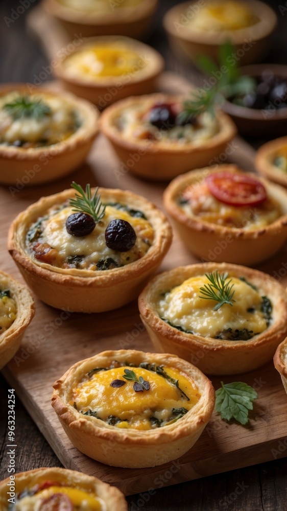 Delectable Mini Quiches with Assorted Fillings Displayed on a Rustic Wooden Serving Platter Baked Pastries and Breads Concept. Delectable Mini Quiches with Assorted Fillings Displayed on a Rustic Wooden Serving Platter Baked Pastries and Breads Concept.