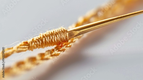 A close-up photo of a golden sewing needle with a long thread of the same color