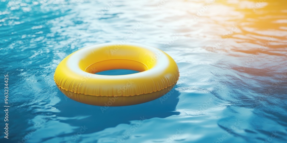Yellow pool float drifting in blue water. A bright summer concept. Yellow pool float drifting in blue water. A bright summer concept.