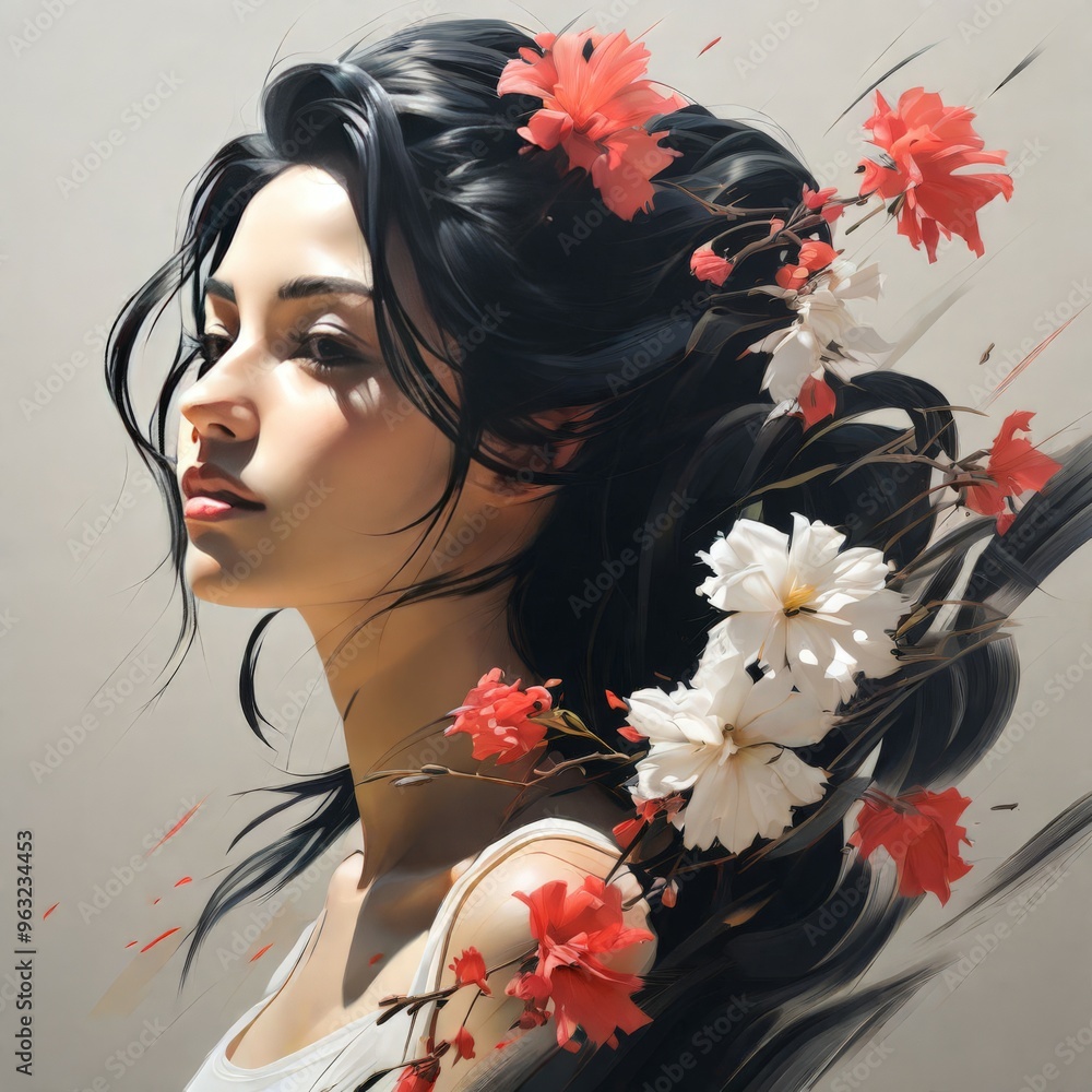 Naklejka premium Beautiful woman with a flower on her head