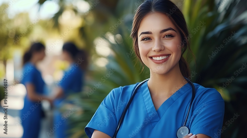 A cheerful female nurse in blue scrubs stands confidently outdoors her arms crossed as health professionals engage behind her at a medical facility : Generative AI A cheerful female nurse in blue scrubs stands confidently outdoors her arms crossed as health professionals engage behind her at a medical facility : Generative AI