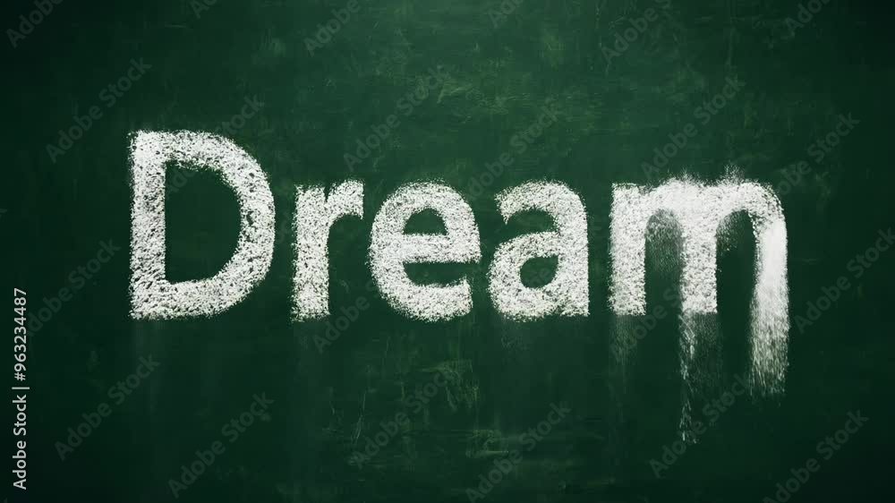 Camera movement and effects zoom in lighting rim light establishing scene the word dream in chalk style written in white additional details the word dream is on a homogeneous dark green background wit Camera movement and effects zoom in lighting rim light establishing scene the word dream in chalk style written in white additional details the word dream is on a homogeneous dark green background wit