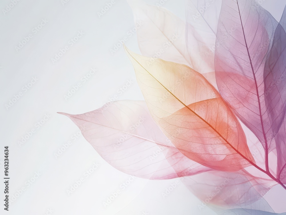Abstract Close-Up of Translucent Leaves with Soft Pastel Colors on a Light Background Abstract Close-Up of Translucent Leaves with Soft Pastel Colors on a Light Background